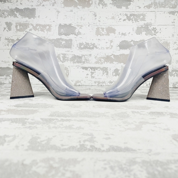 New BP Collins Gray Translucent Strap Rhinestone Triangle Heel Slide Sandal H458 - Picture 7 of 14